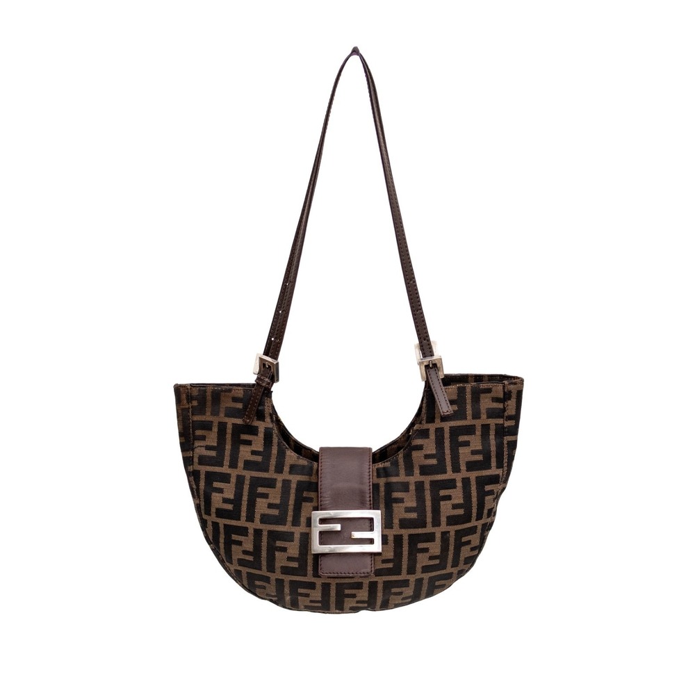 Vintage Fendi Zucchino FF Monogram Crescent Shoulder Bag Brown Canvas Half Moon